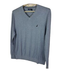 Nautica Navtech Mens Pullover Sweater Blue Heathered V Neck Long Sleeve